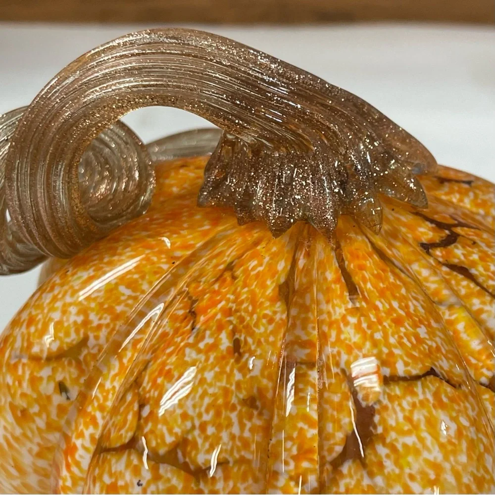 Pier 1 Hand Blown Orange Speckled Glass Pumpkin Glittering Gold Stem Fall Decor